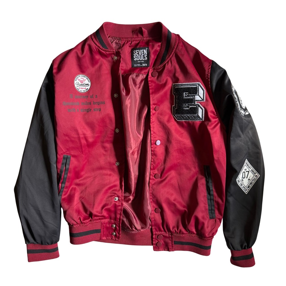 Seven Souls Varsity Streetwear Boys Bomber Jacket Red Black Embroidered